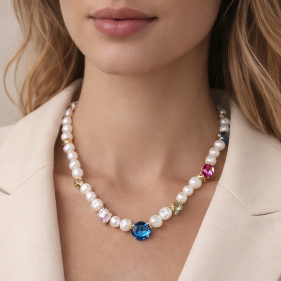 Martha Calvo Jewelry - Martha Calvo Pearl Crystal Charm Necklace Gold Multicolor Statement 18”